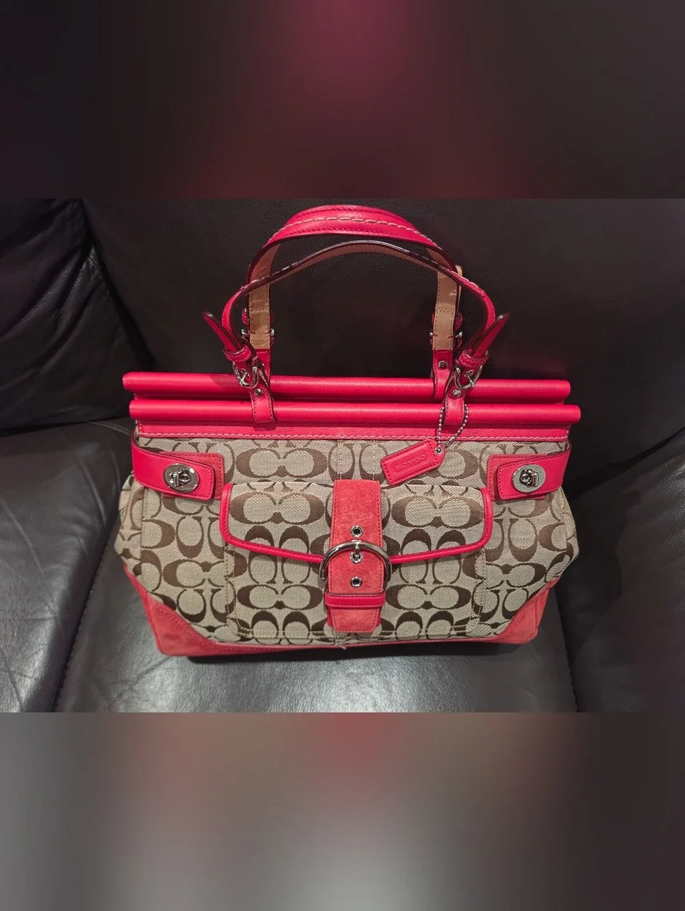 Coach Brown Signature Satchel with Pink Trim